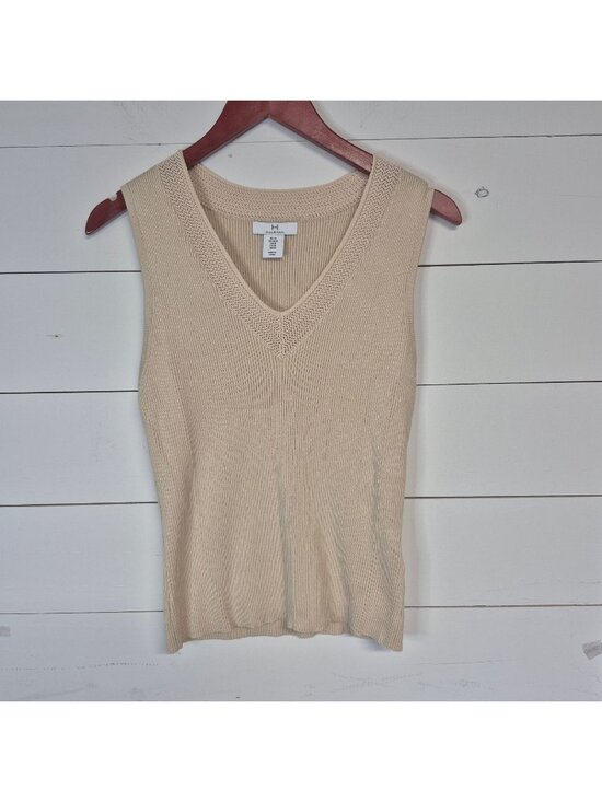 Halston Tops - Halston Beige Sleeveless Ribbed Knit V-Neck Tank Top With Crochet Trim Womens Si